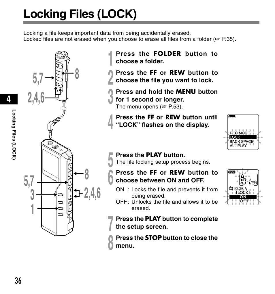 Locking files (lock) | Olympus DS-2200 User Manual | Page 36 / 84