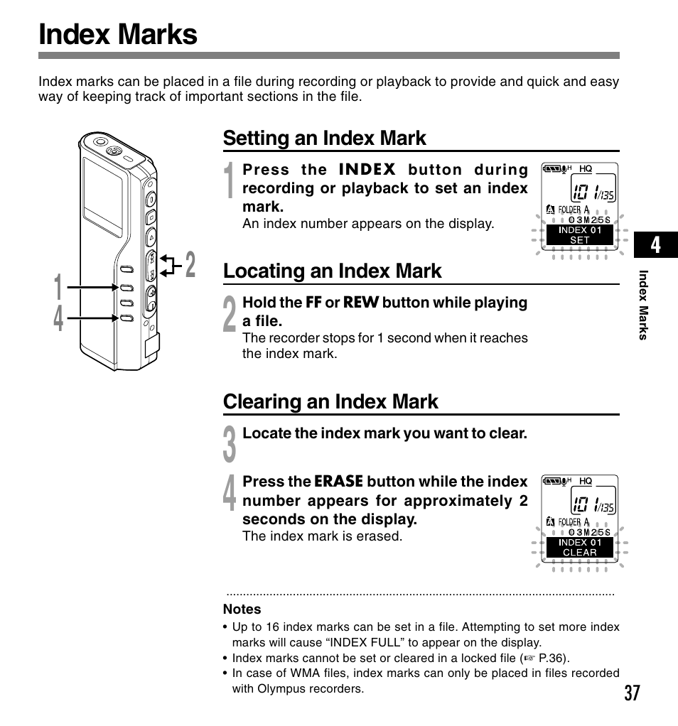 Index marks | Olympus DS-2200 User Manual | Page 37 / 84