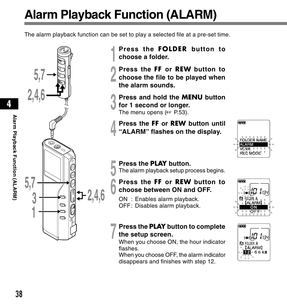 Alarm playback function (alarm) | Olympus DS-2200 User Manual | Page 38 / 84