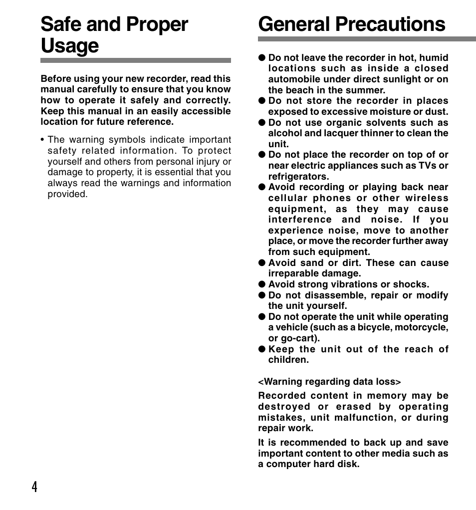 Safe and proper usage, General precautions | Olympus DS-2200 User Manual | Page 4 / 84