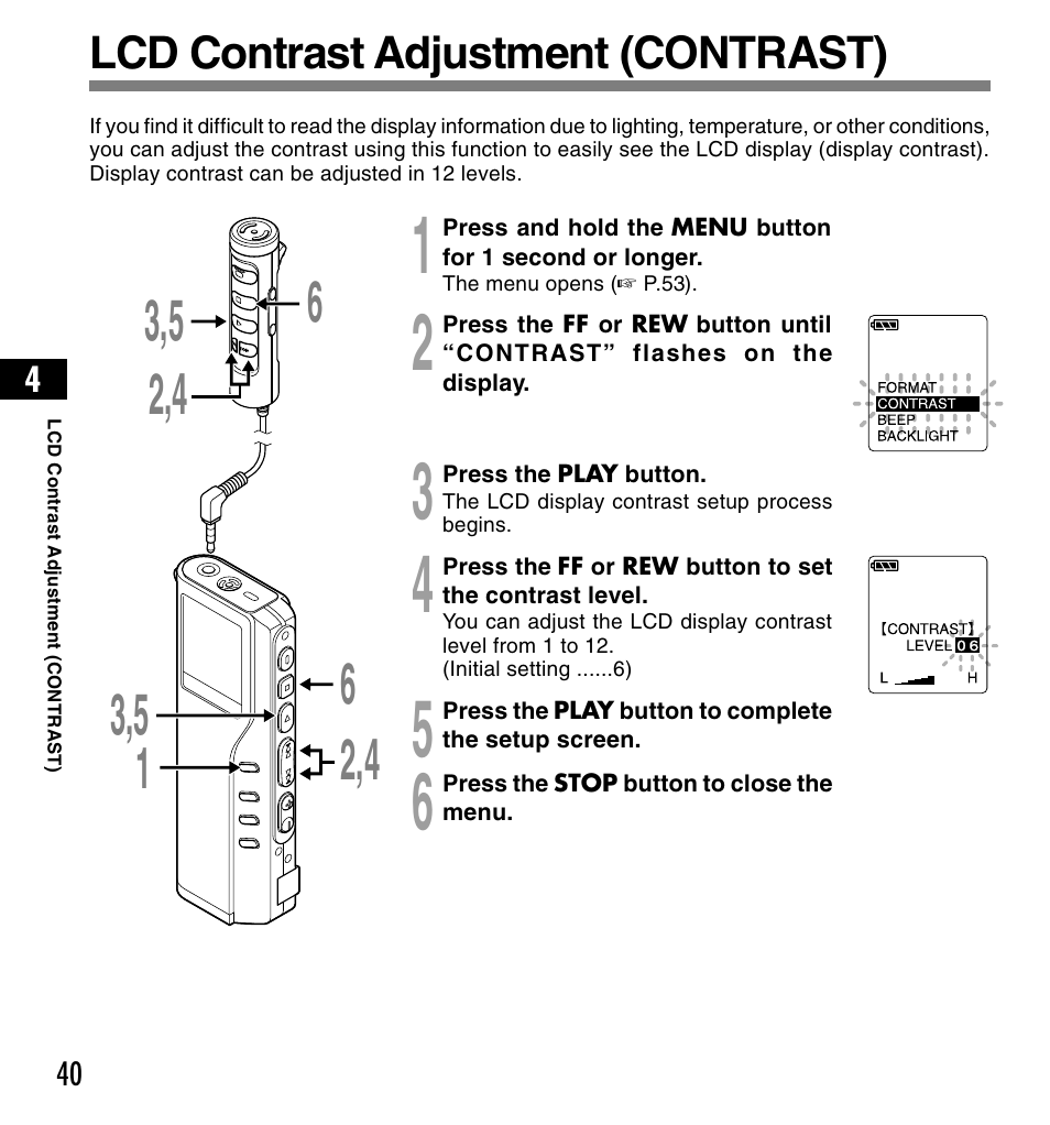 Lcd contrast adjustment (contrast) | Olympus DS-2200 User Manual | Page 40 / 84