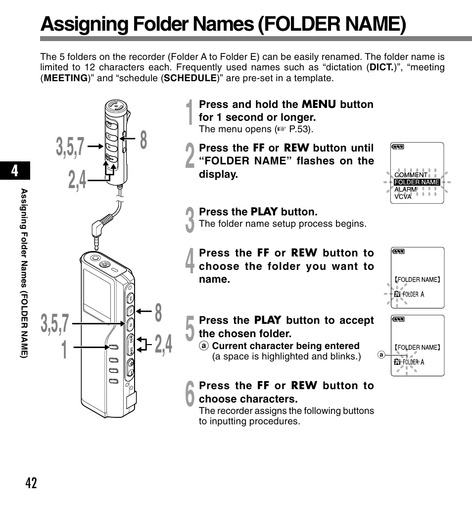 Assigning folder names (folder name) | Olympus DS-2200 User Manual | Page 42 / 84