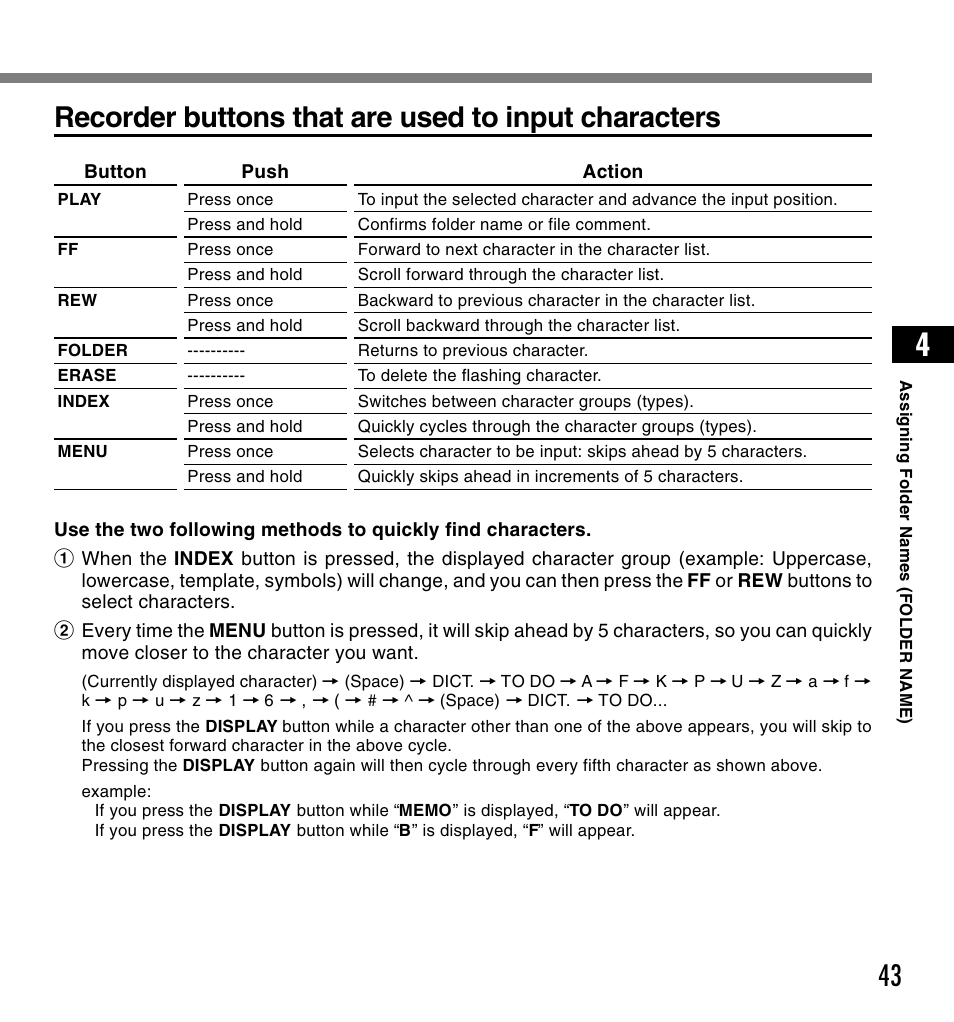 Recorder buttons that are used to input characters | Olympus DS-2200 User Manual | Page 43 / 84