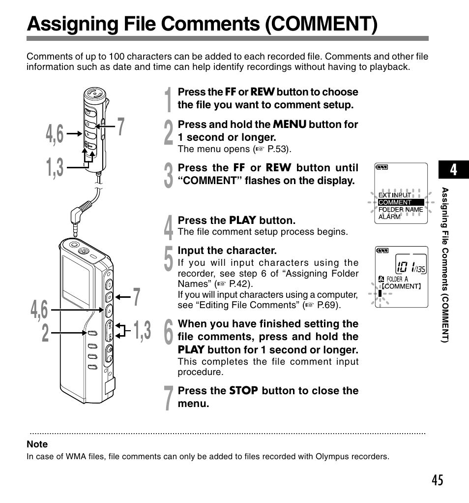 Assigning file comments (comment) | Olympus DS-2200 User Manual | Page 45 / 84
