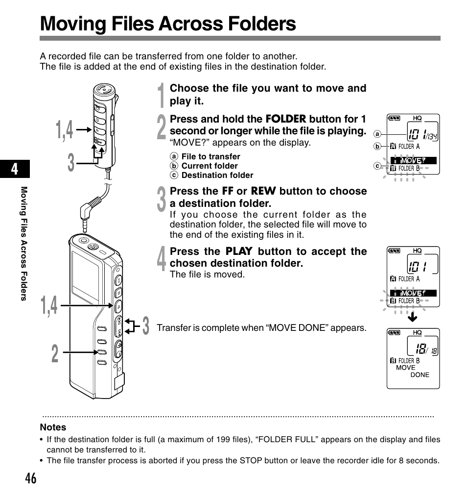 Moving files across folders | Olympus DS-2200 User Manual | Page 46 / 84