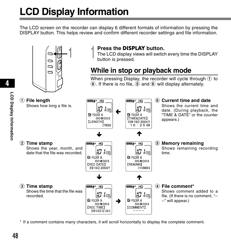 Lcd display information, While in stop or playback mode | Olympus DS-2200 User Manual | Page 48 / 84