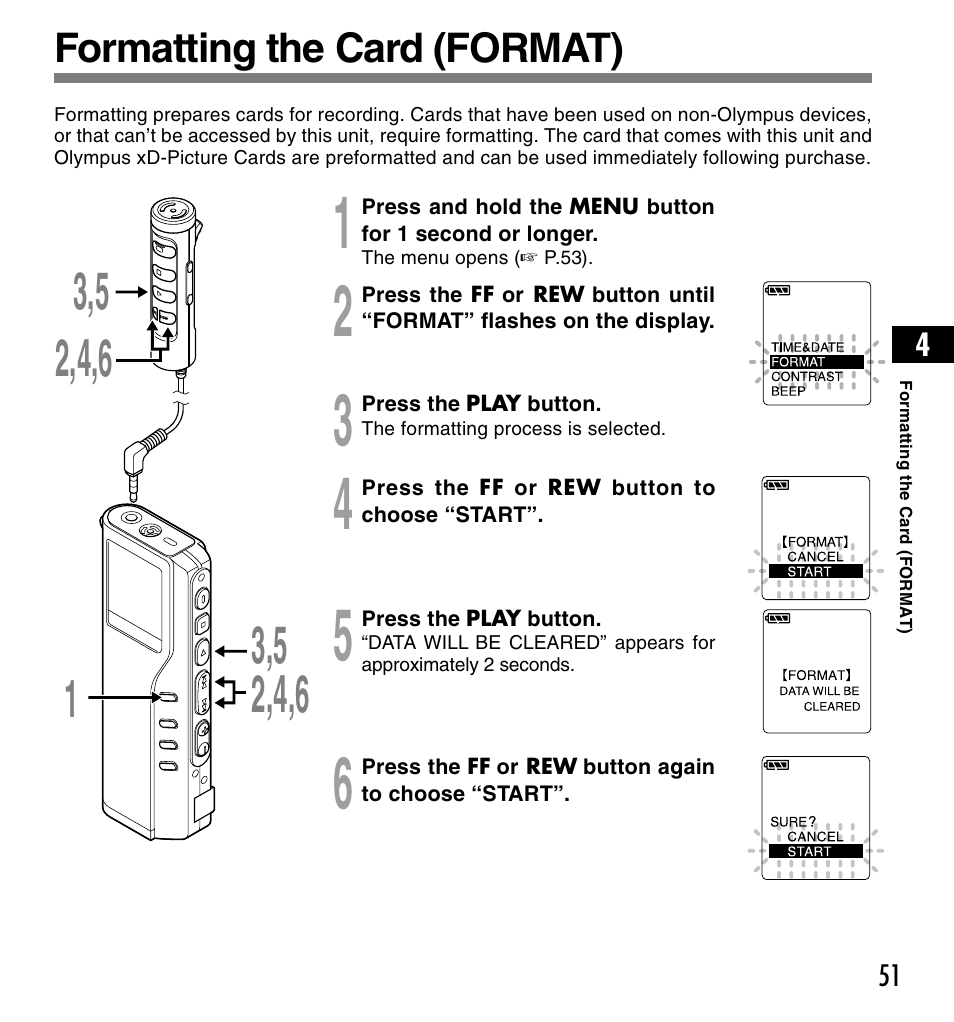 Formatting the card (format) | Olympus DS-2200 User Manual | Page 51 / 84