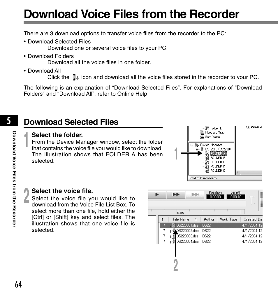 Download voice files from the recorder | Olympus DS-2200 User Manual | Page 64 / 84