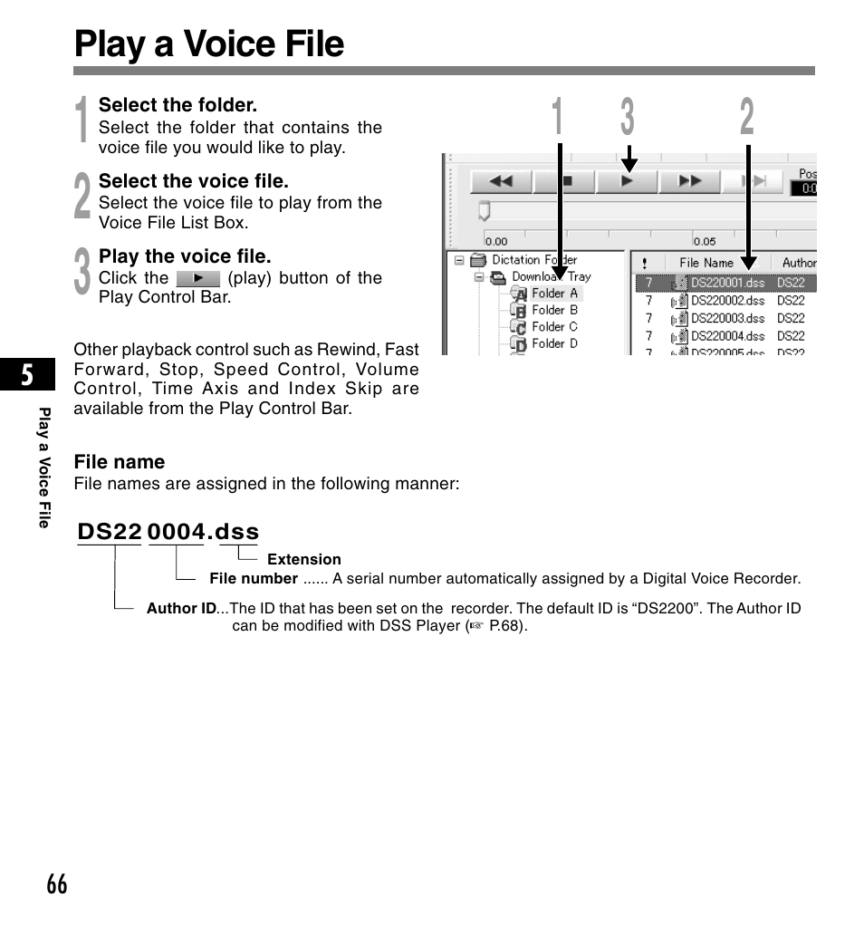 Play a voice file | Olympus DS-2200 User Manual | Page 66 / 84