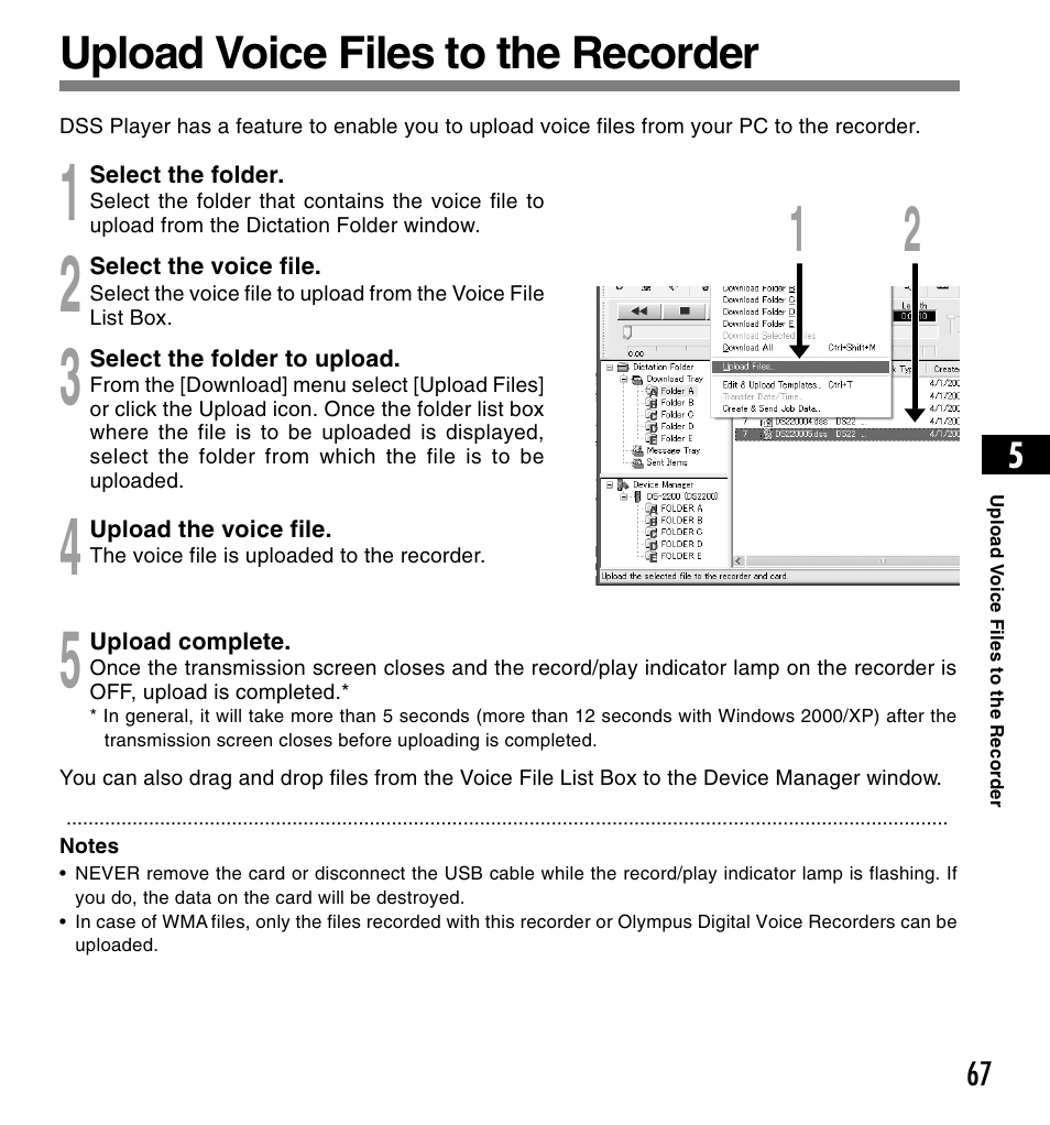 Upload voice files to the recorder | Olympus DS-2200 User Manual | Page 67 / 84