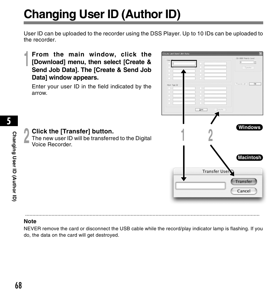Changing user id (author id) | Olympus DS-2200 User Manual | Page 68 / 84