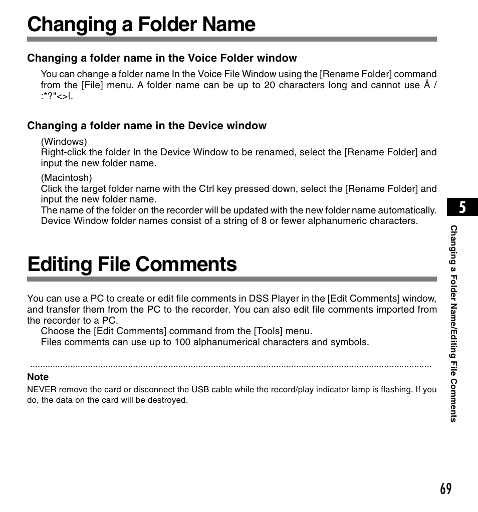 Changing a folder name, Editing file comments | Olympus DS-2200 User Manual | Page 69 / 84
