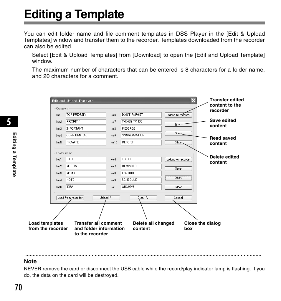 Editing a template | Olympus DS-2200 User Manual | Page 70 / 84