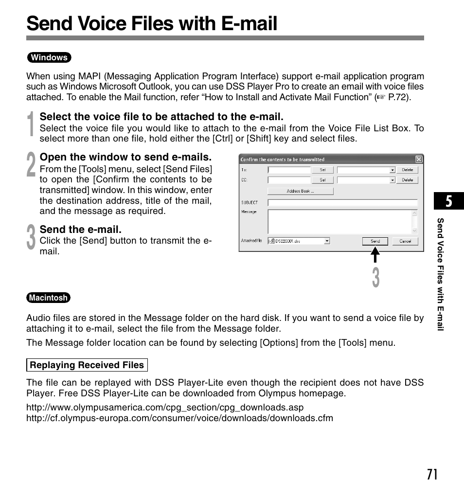 Send voice files with e-mail | Olympus DS-2200 User Manual | Page 71 / 84