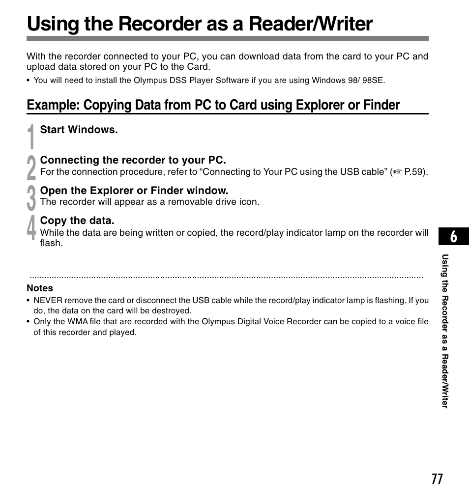 Using the recorder as a reader/writer | Olympus DS-2200 User Manual | Page 77 / 84