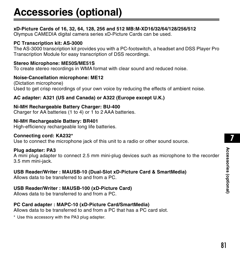 Accessories (optional) | Olympus DS-2200 User Manual | Page 81 / 84