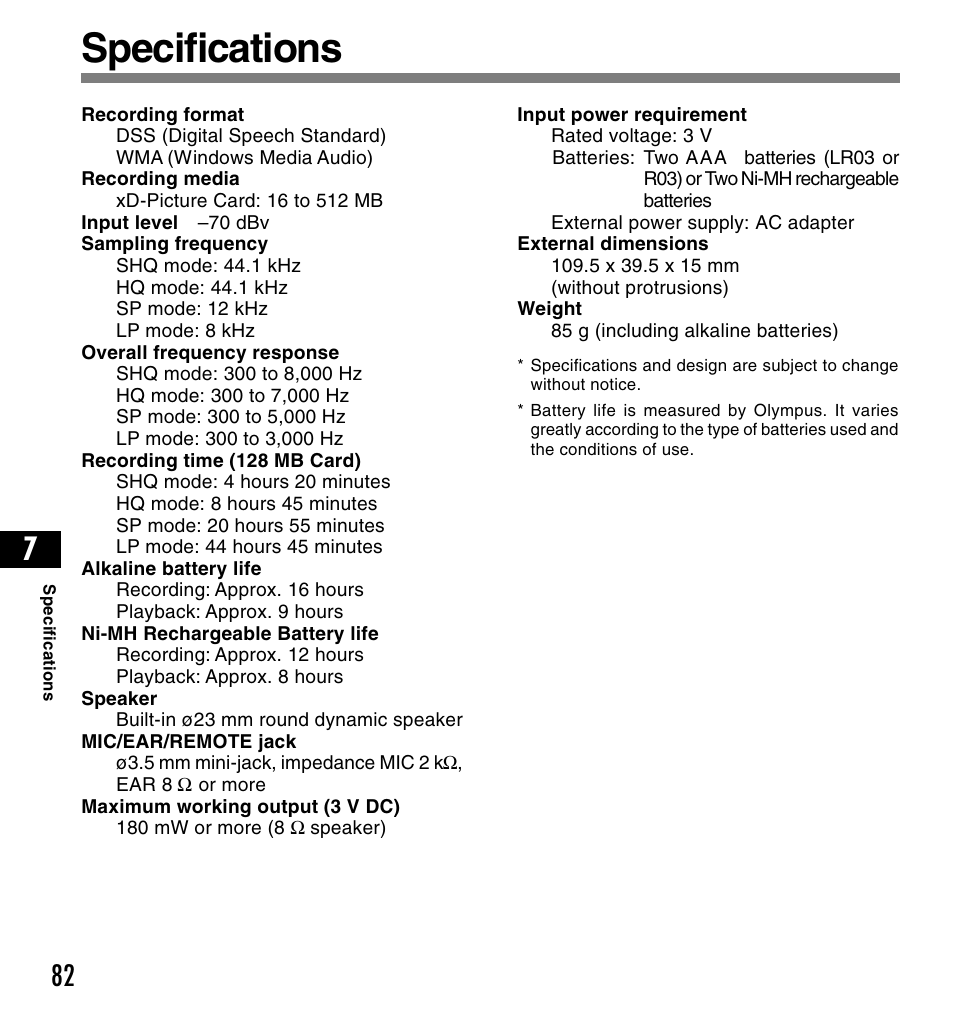 Specifications | Olympus DS-2200 User Manual | Page 82 / 84
