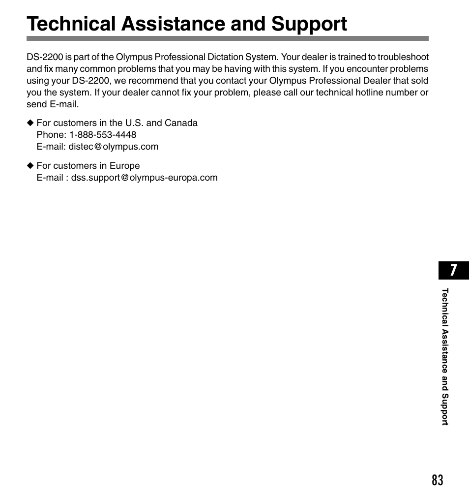 Technical assistance and support | Olympus DS-2200 User Manual | Page 83 / 84