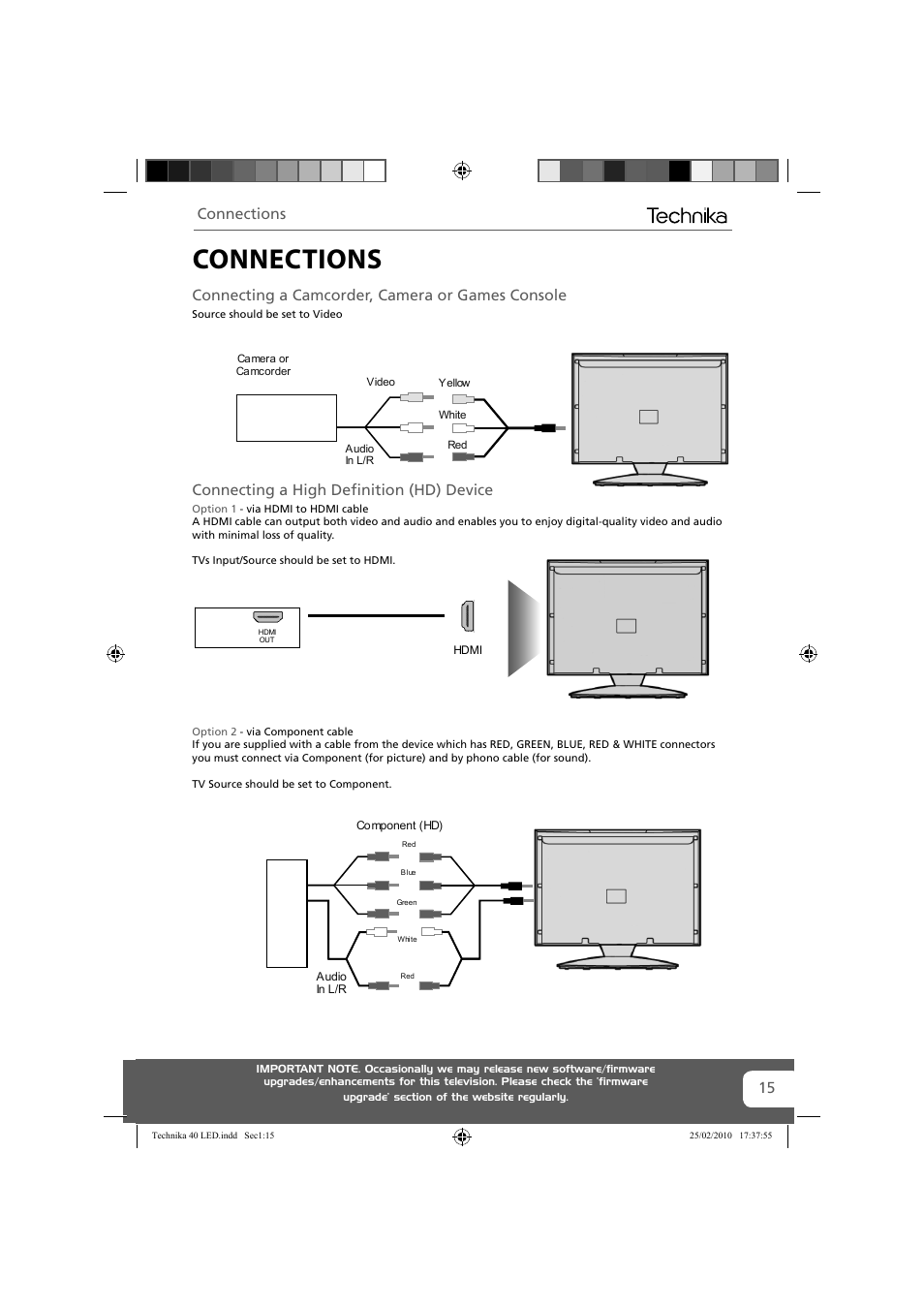 Connections, Connecting a camcorder, camera or games console, Connecting a high deﬁ nition (hd) device | Technika 40-260 User Manual | Page 15 / 32