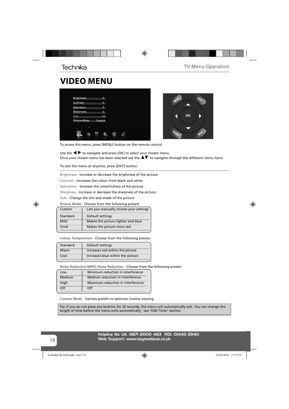 Video menu, Tv menu operation | Technika 40-260 User Manual | Page 16 / 32