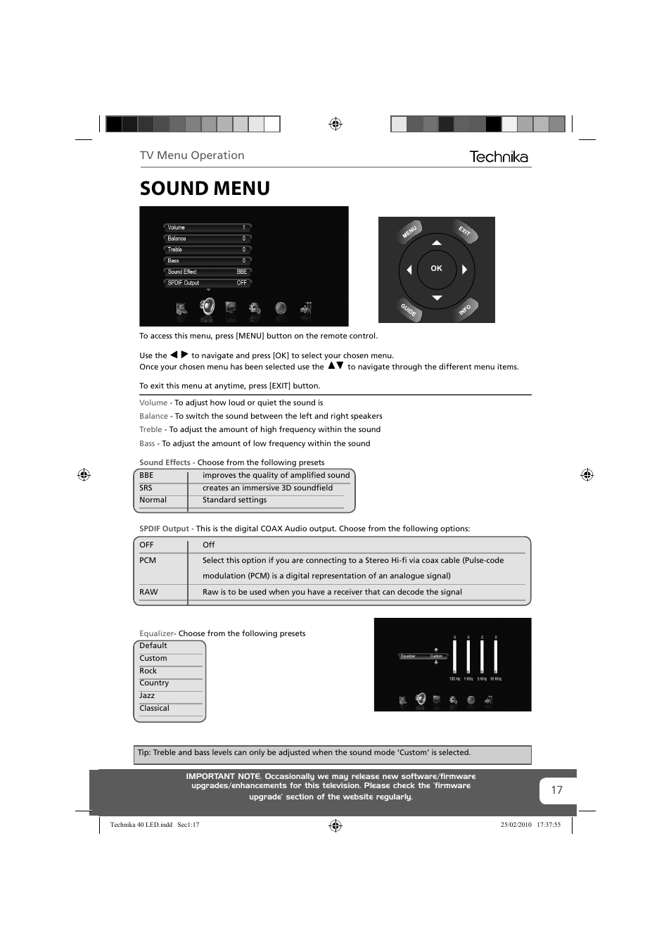 Sound menu, Tv menu operation | Technika 40-260 User Manual | Page 17 / 32