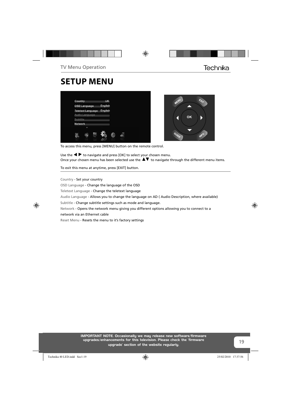 Setup menu, Tv menu operation | Technika 40-260 User Manual | Page 19 / 32