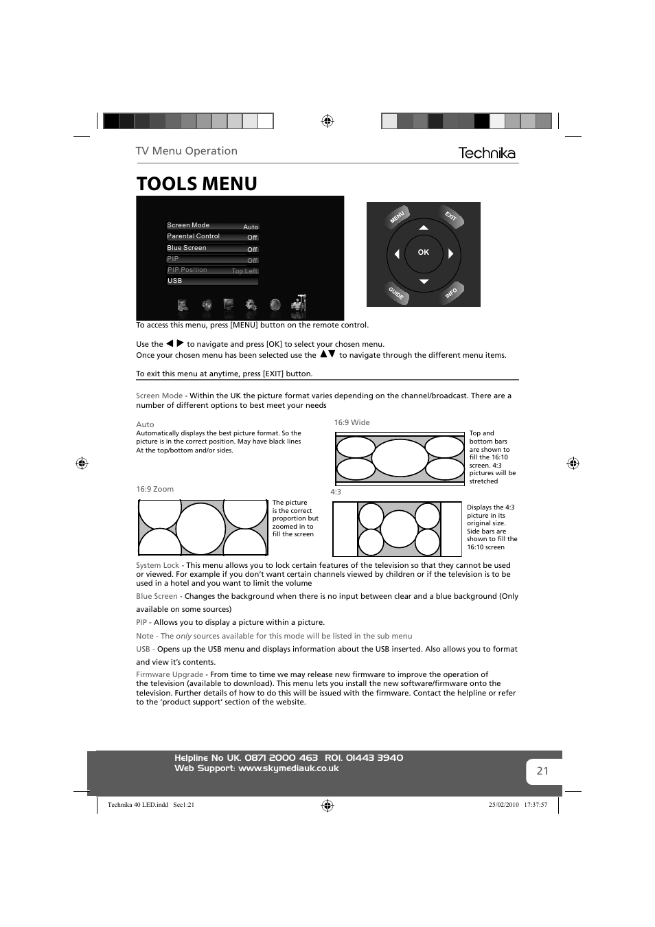 Tools menu, Tv menu operation | Technika 40-260 User Manual | Page 21 / 32