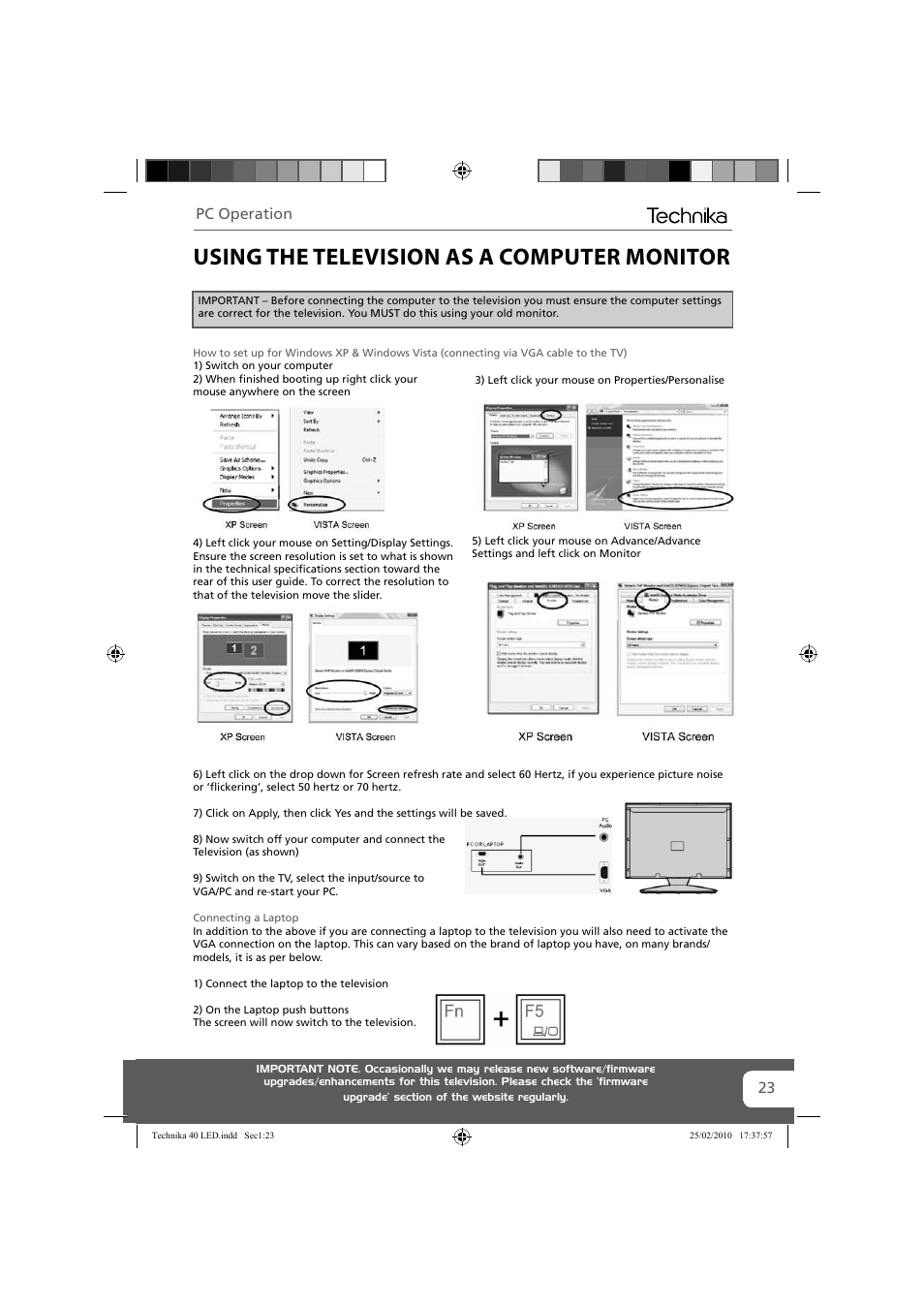 Using the television as a computer monitor, Pc operation | Technika 40-260 User Manual | Page 23 / 32