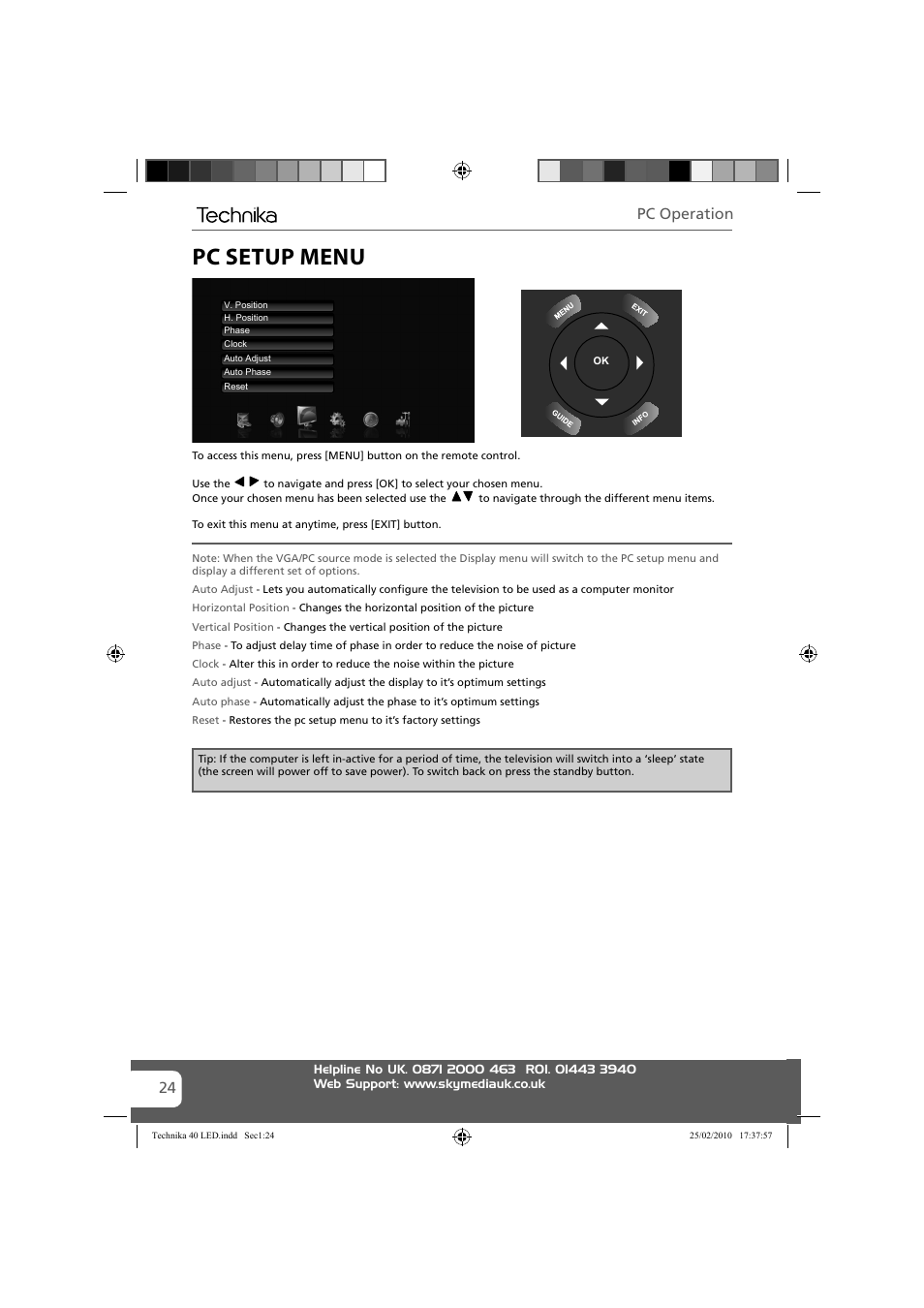 Pc setup menu, 24 pc operation | Technika 40-260 User Manual | Page 24 / 32