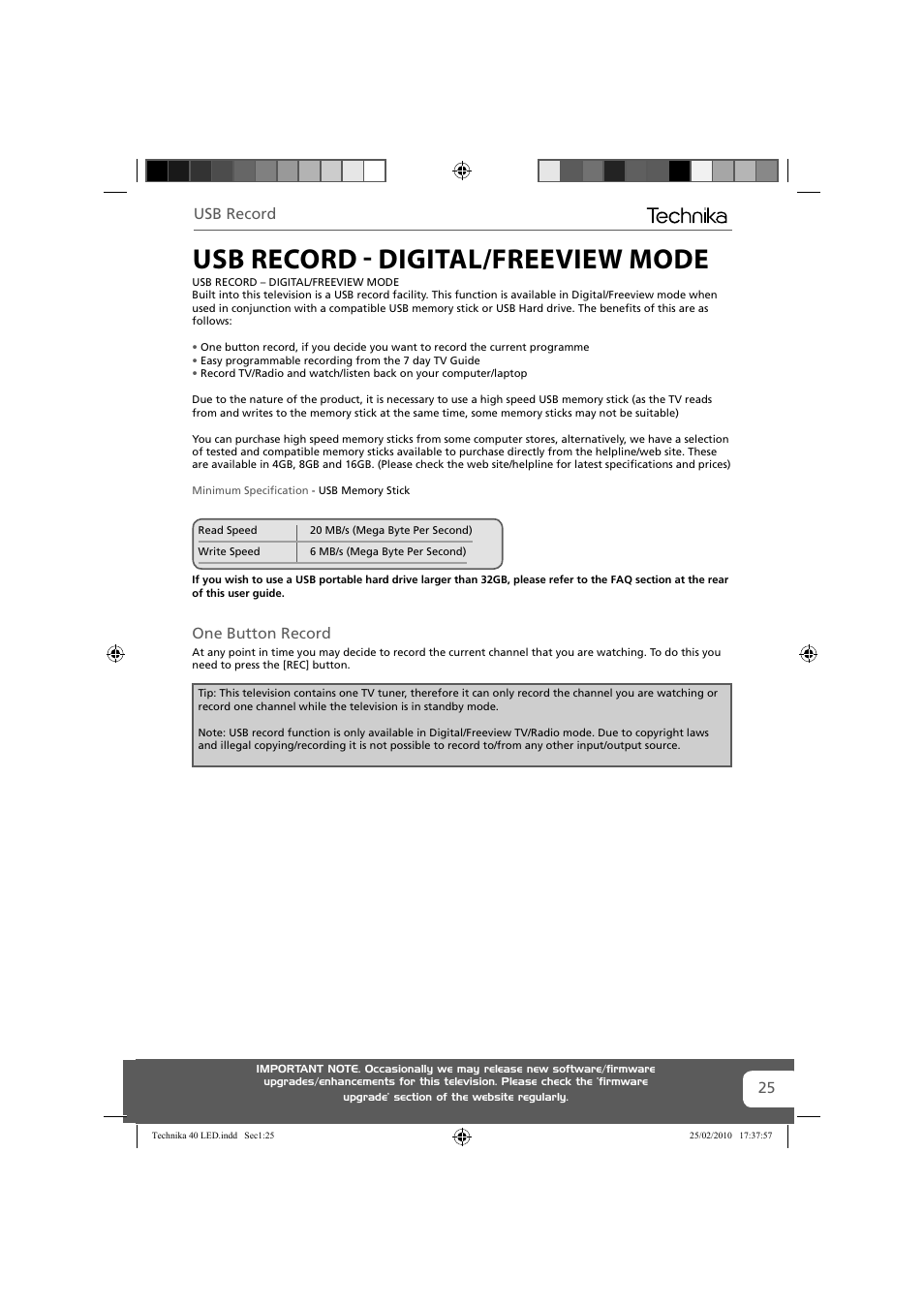 Usb record - digital/freeview mode, 25 usb record, One button record | Technika 40-260 User Manual | Page 25 / 32