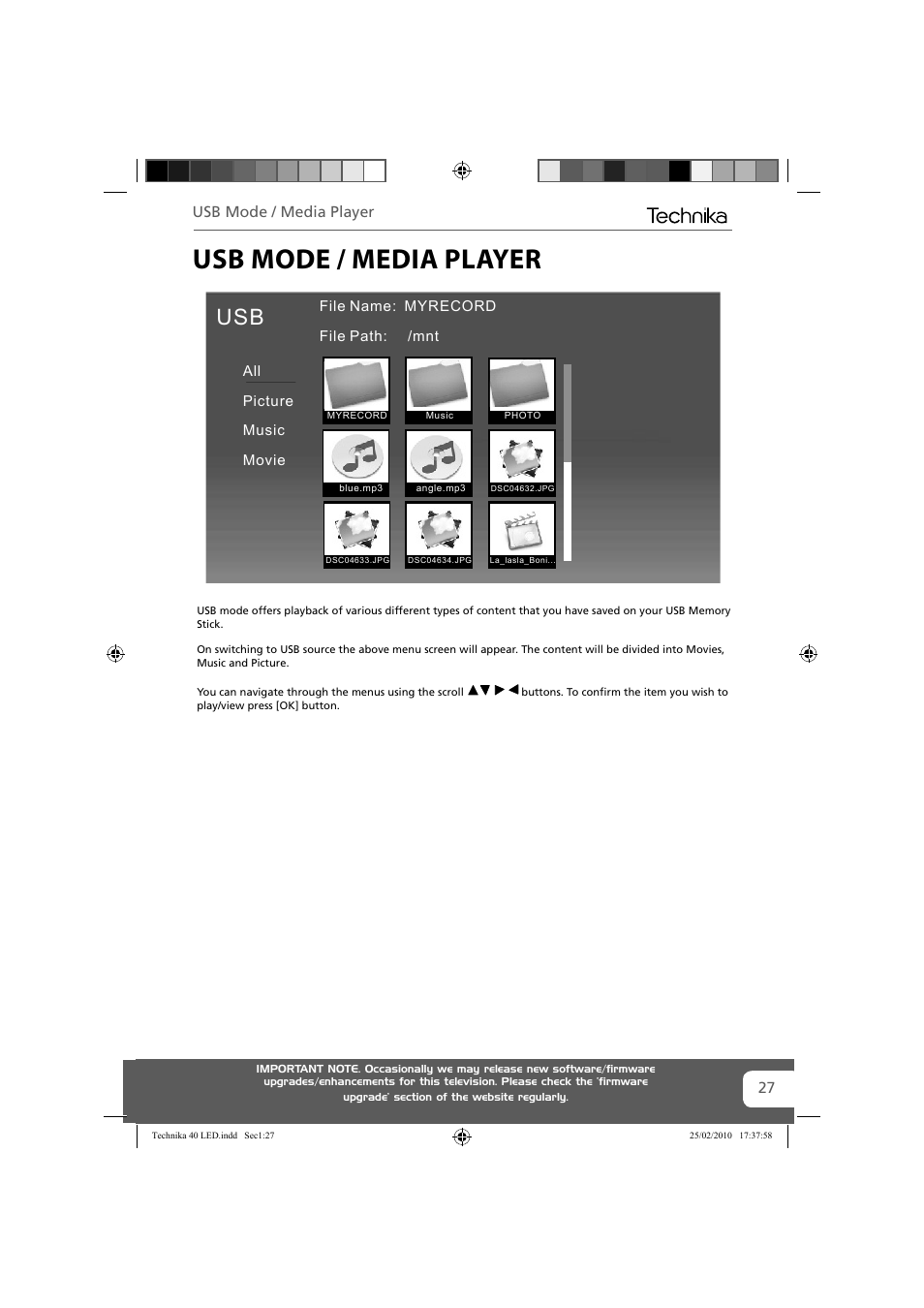 Usb mode / media player | Technika 40-260 User Manual | Page 27 / 32