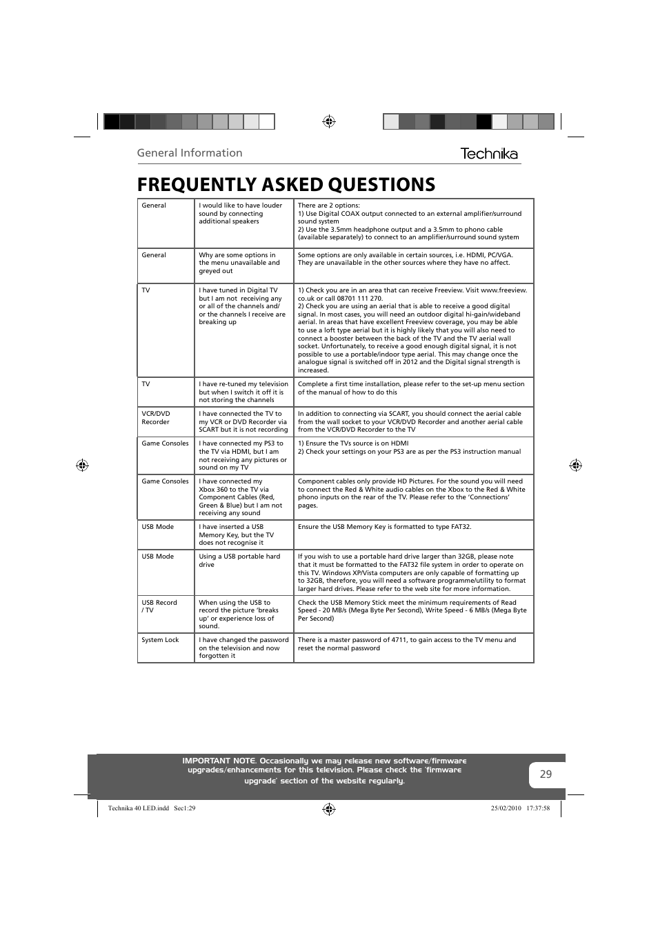 Frequently asked questions, General information | Technika 40-260 User Manual | Page 29 / 32