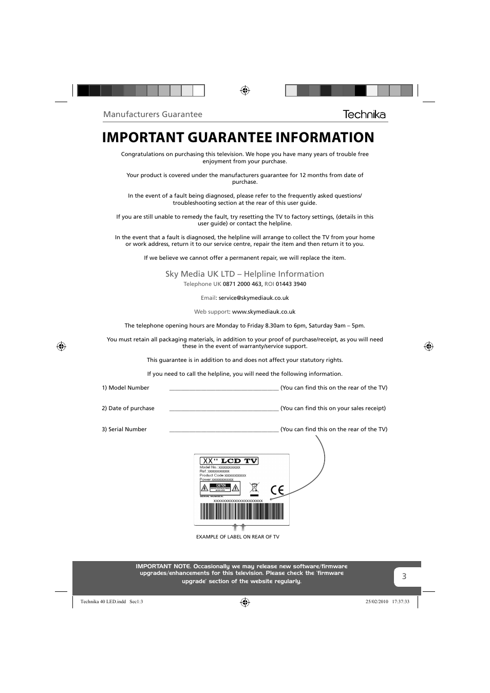 Important guarantee information, Sky media uk ltd – helpline information, Manufacturers guarantee | Technika 40-260 User Manual | Page 3 / 32