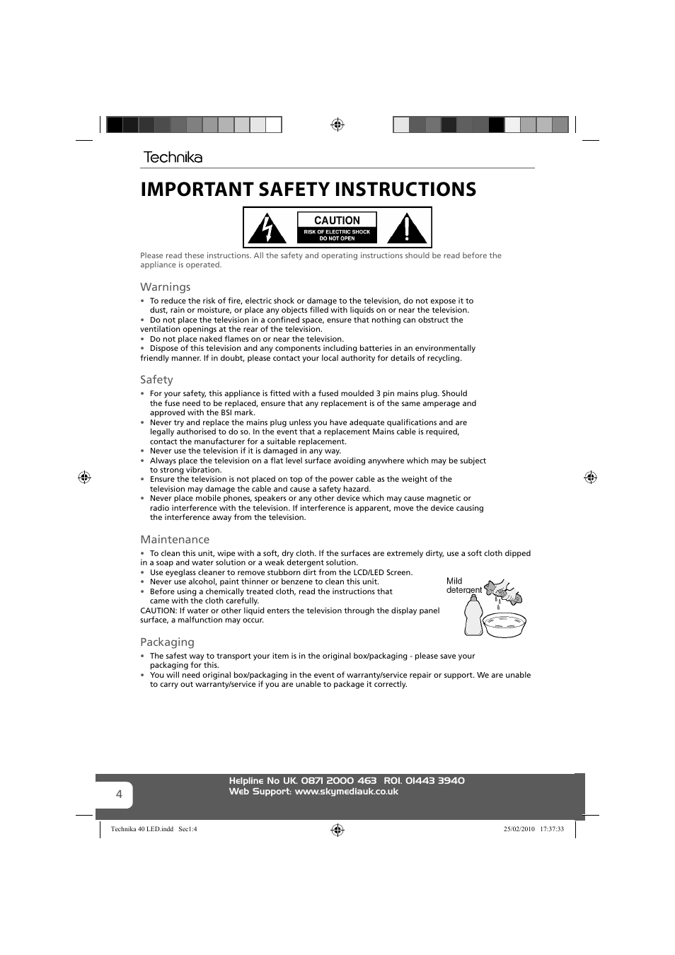 Important safety instructions, Warnings, Safety | Maintenance, Packaging | Technika 40-260 User Manual | Page 4 / 32