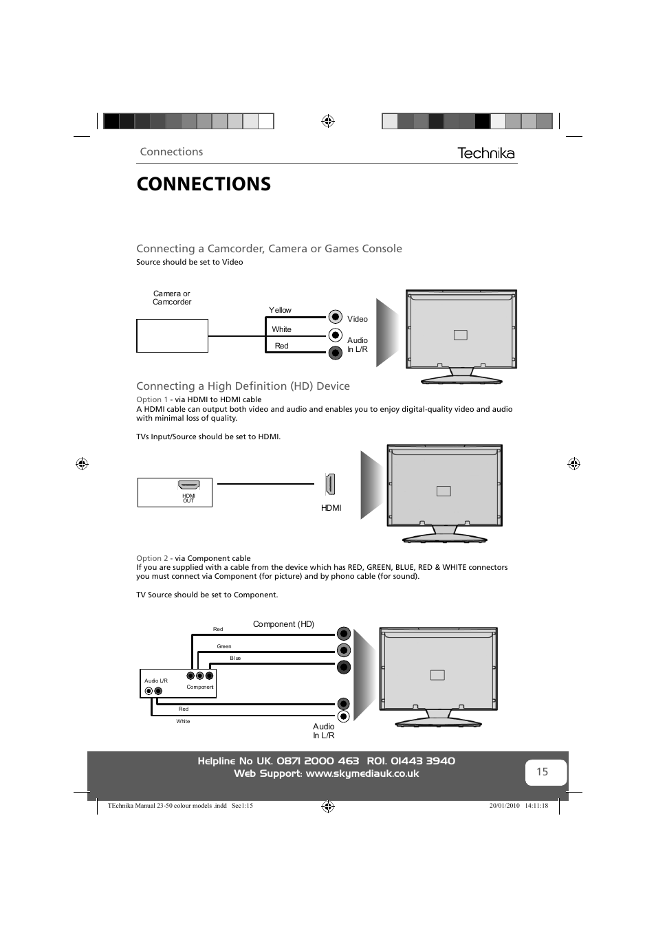 Connections, Connecting a camcorder, camera or games console, Connecting a high deﬁ nition (hd) device | Technika 23-231-BB User Manual | Page 15 / 32