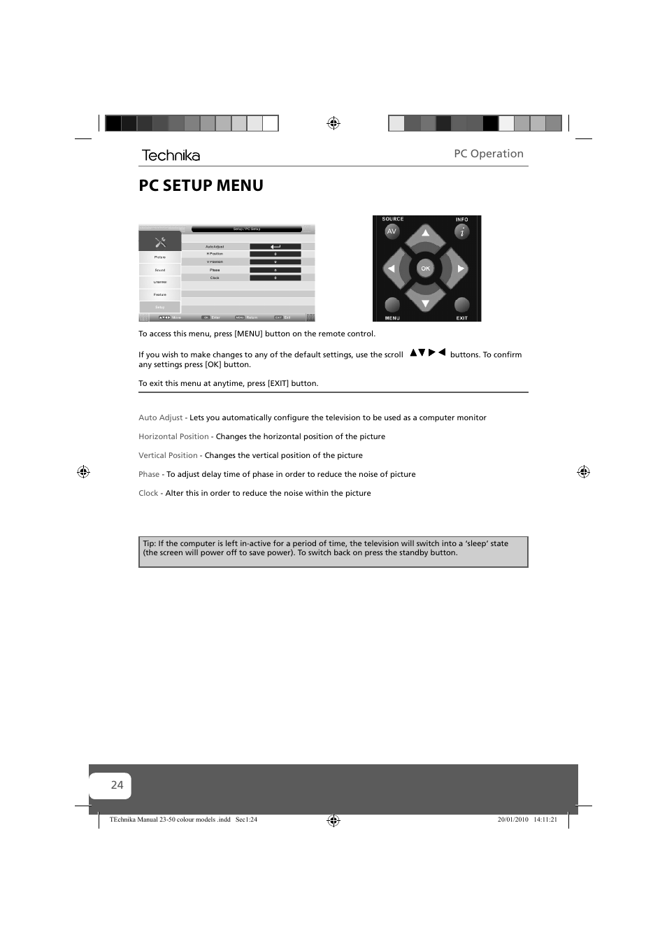 Pc setup menu, Pc operation | Technika 23-231-BB User Manual | Page 24 / 32