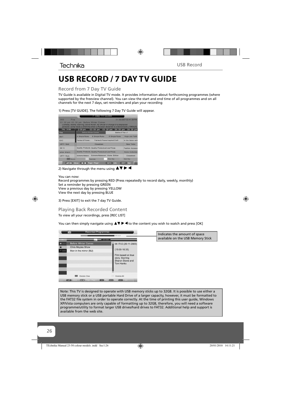 Usb record / 7 day tv guide, Record from 7 day tv guide, Playing back recorded content | Usb record | Technika 23-231-BB User Manual | Page 26 / 32