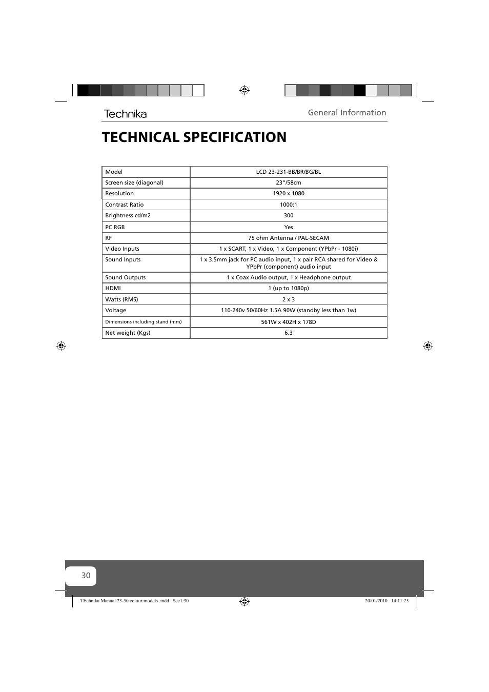 Technical specification, General information | Technika 23-231-BB User Manual | Page 30 / 32