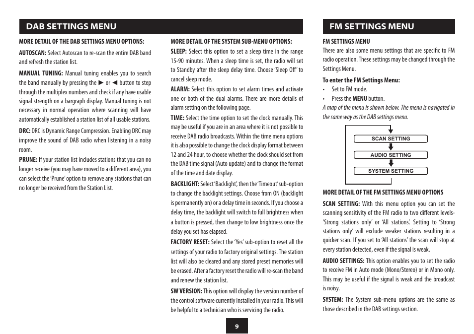 Dab settings menu, Fm settings menu | Technika DAB121 User Manual | Page 11 / 16