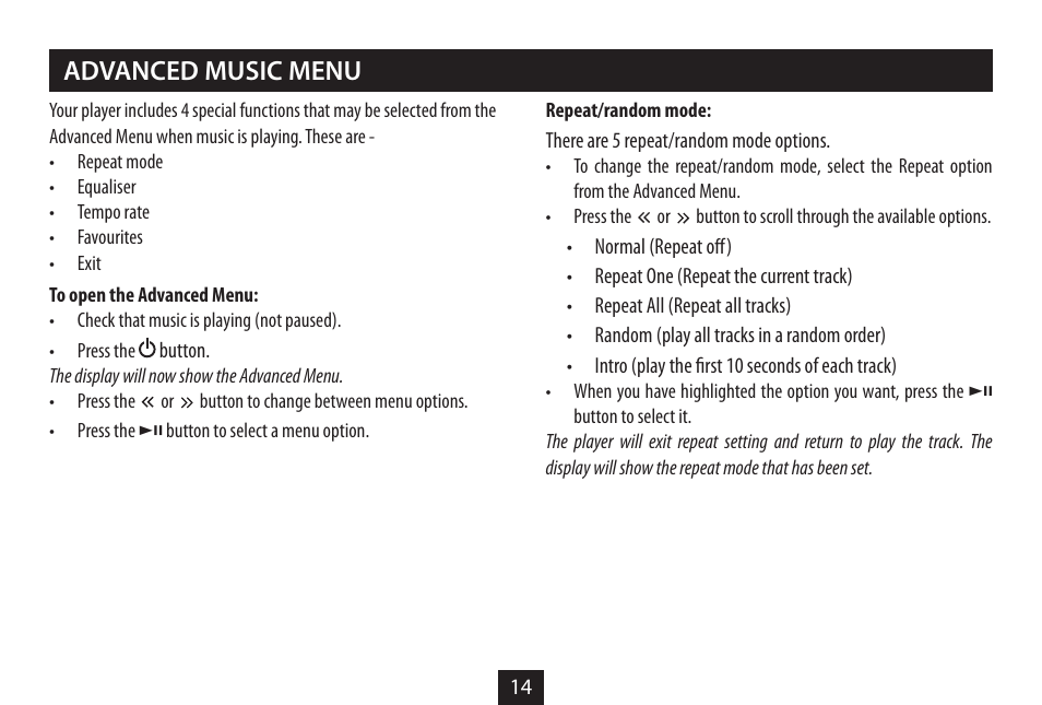 Advanced music menu | Technika MP-329 User Manual | Page 16 / 32