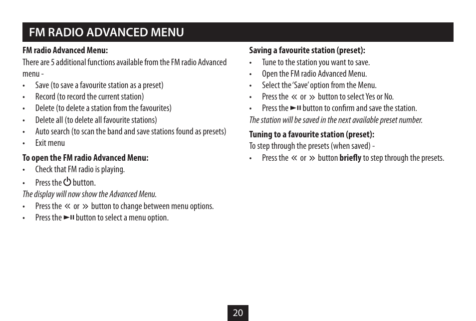 Fm radio advanced menu | Technika MP-329 User Manual | Page 22 / 32