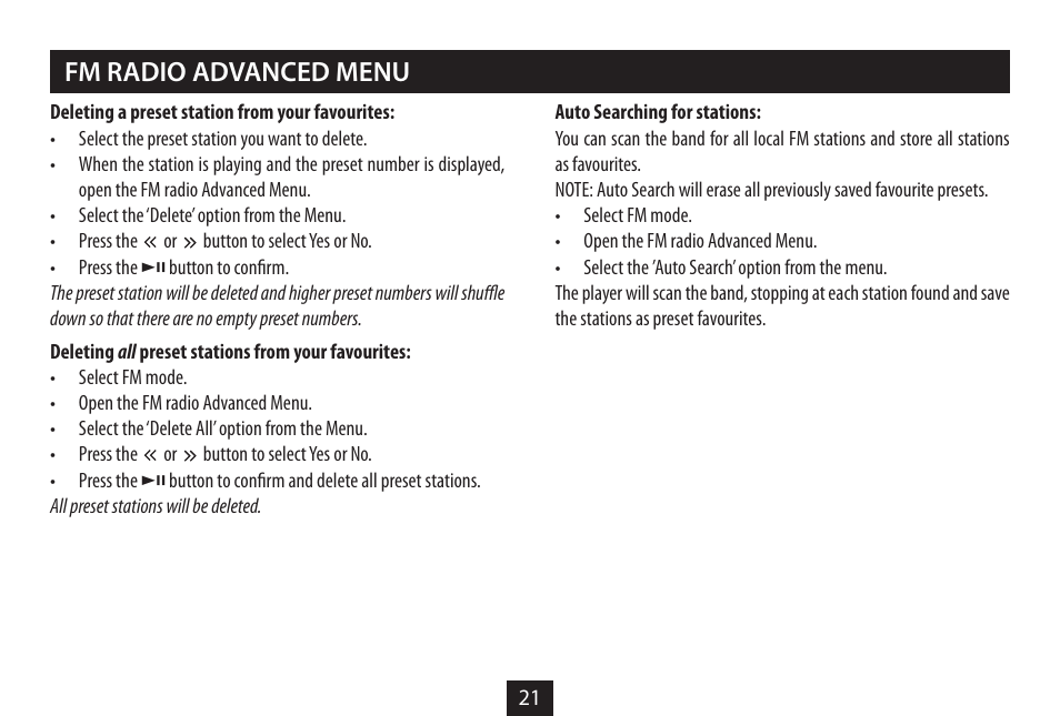 Fm radio advanced menu | Technika MP-329 User Manual | Page 23 / 32