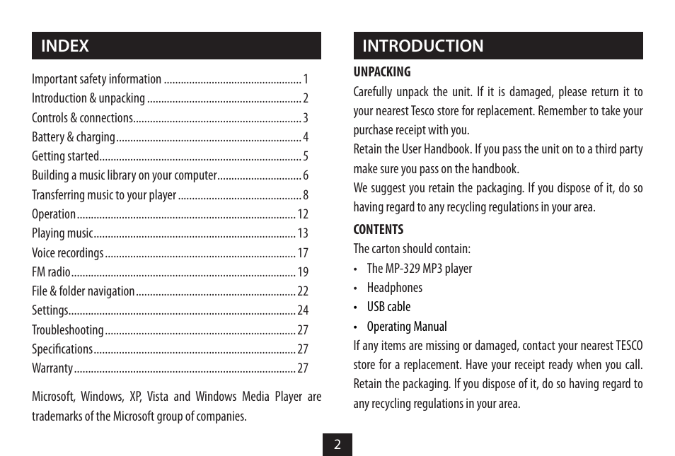 Introduction index | Technika MP-329 User Manual | Page 4 / 32