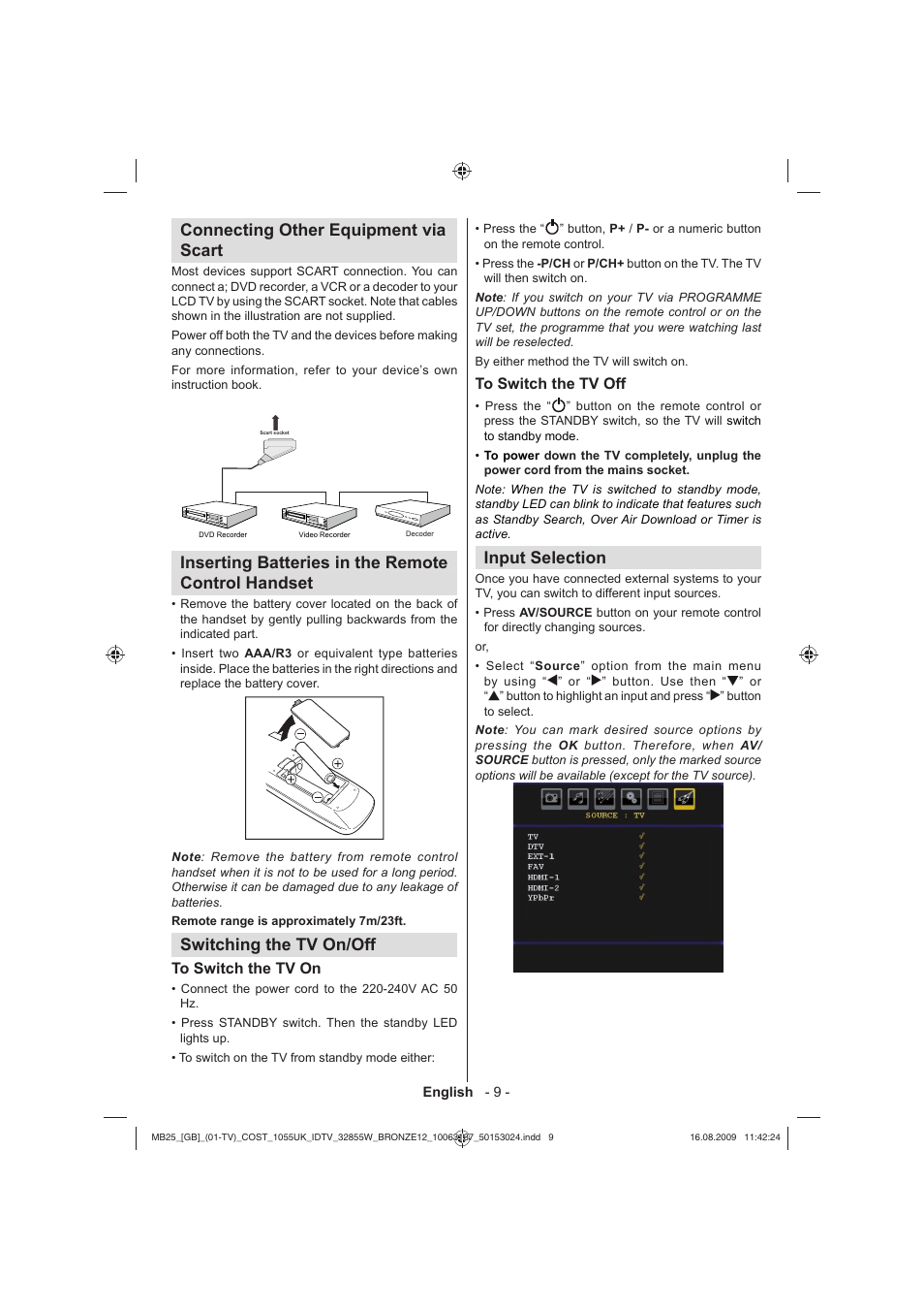 Connecting other equipment via scart, Inserting batteries in the remote control handset, Switching the tv on/off | Input selection | Technika LCD32-209V User Manual | Page 10 / 30