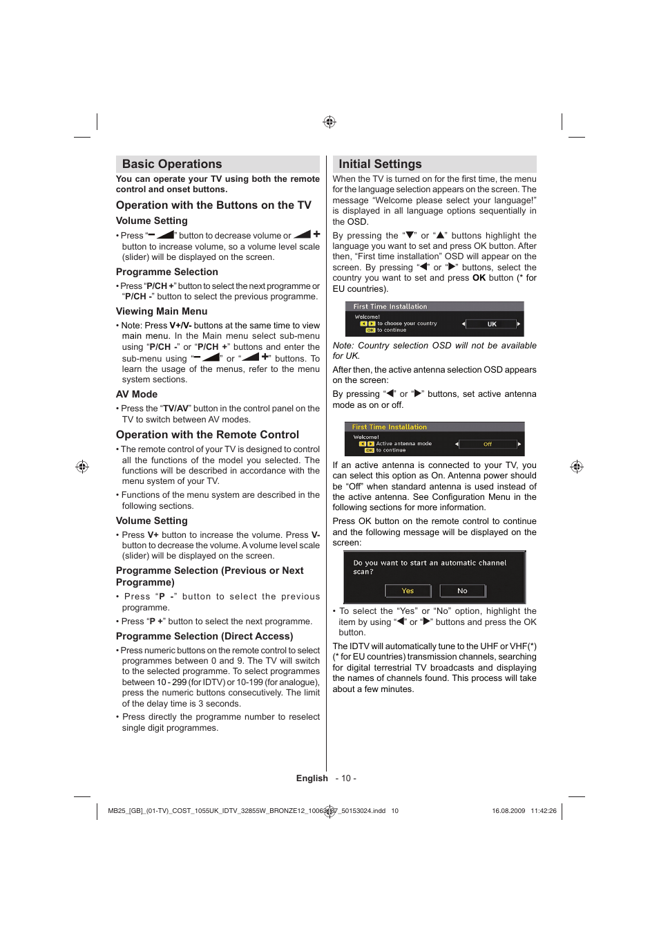 Basic operations, Initial settings, Operation with the buttons on the tv | Operation with the remote control | Technika LCD32-209V User Manual | Page 11 / 30