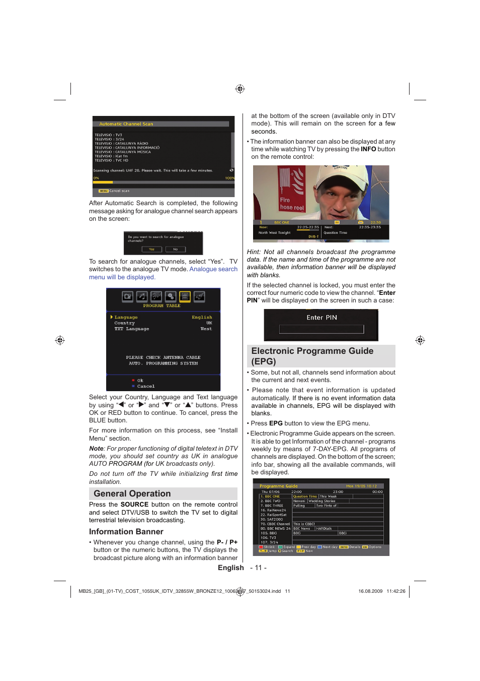 General operation, Electronic programme guide (epg), Information banner | Technika LCD32-209V User Manual | Page 12 / 30