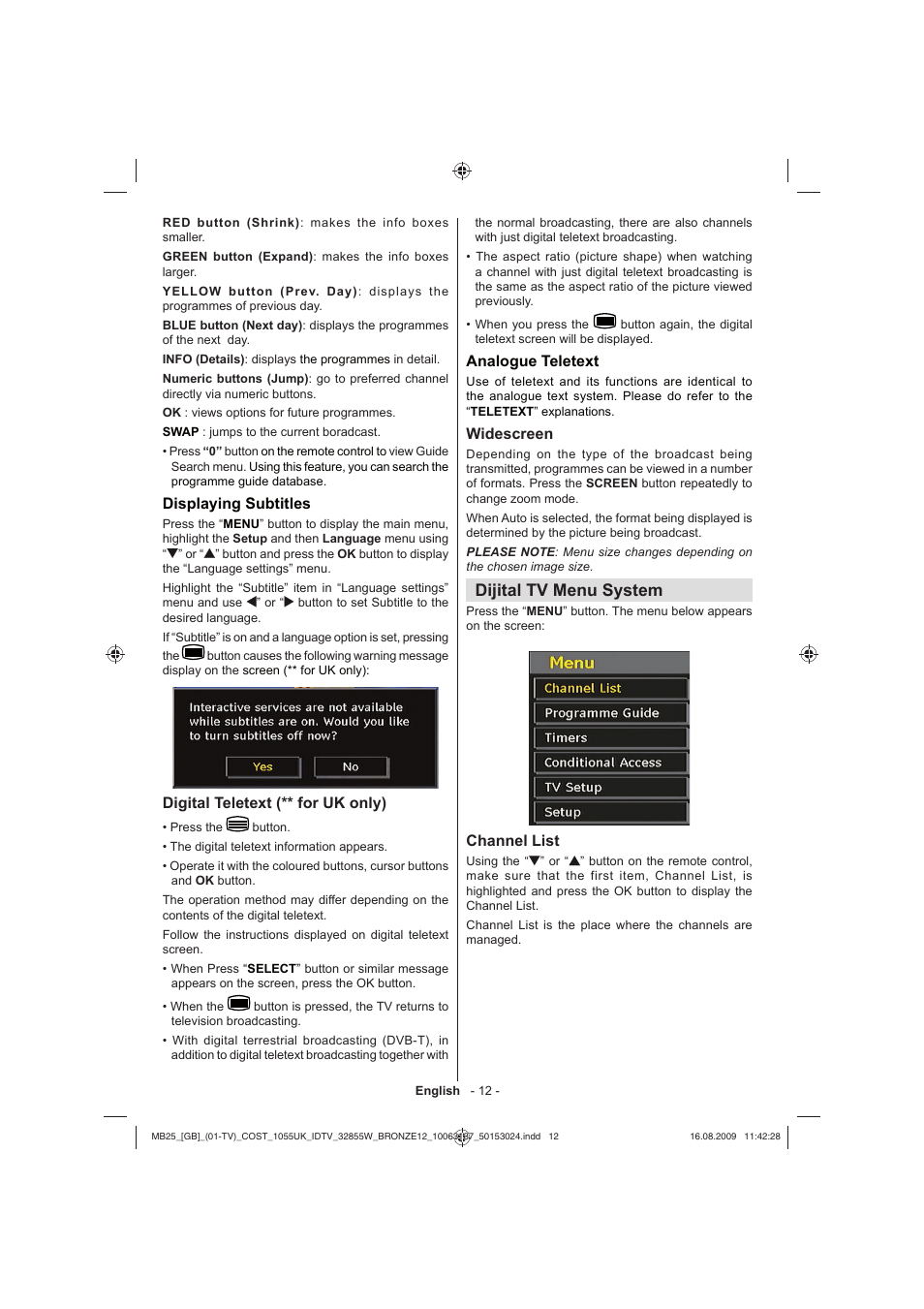 Dijital tv menu system, Displaying subtitles, Digital teletext (** for uk only) | Analogue teletext, Widescreen, Channel list | Technika LCD32-209V User Manual | Page 13 / 30