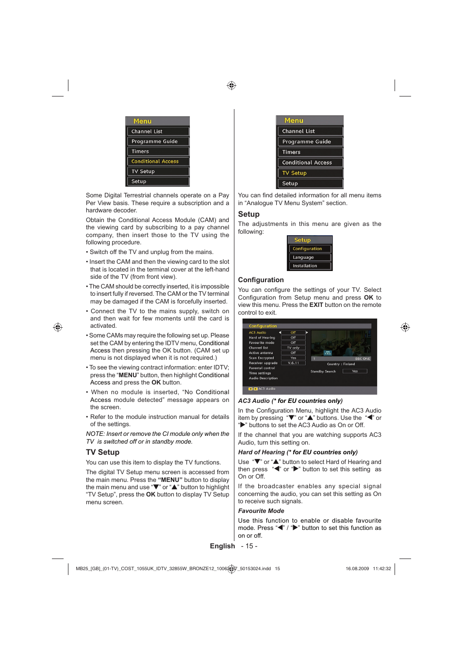 Tv setup, Setup | Technika LCD32-209V User Manual | Page 16 / 30