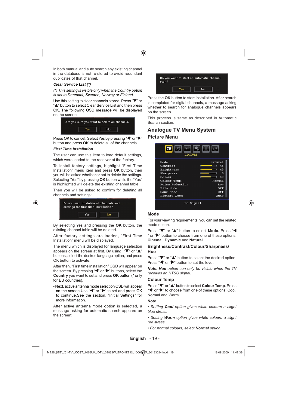 Analogue tv menu system, Picture menu | Technika LCD32-209V User Manual | Page 20 / 30