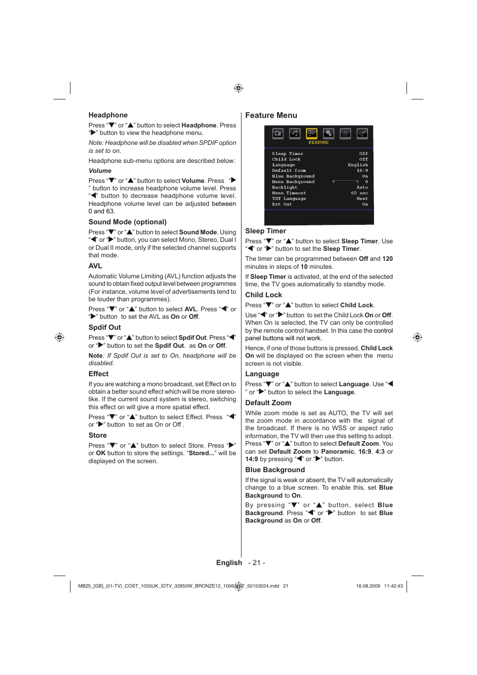 Feature menu | Technika LCD32-209V User Manual | Page 22 / 30